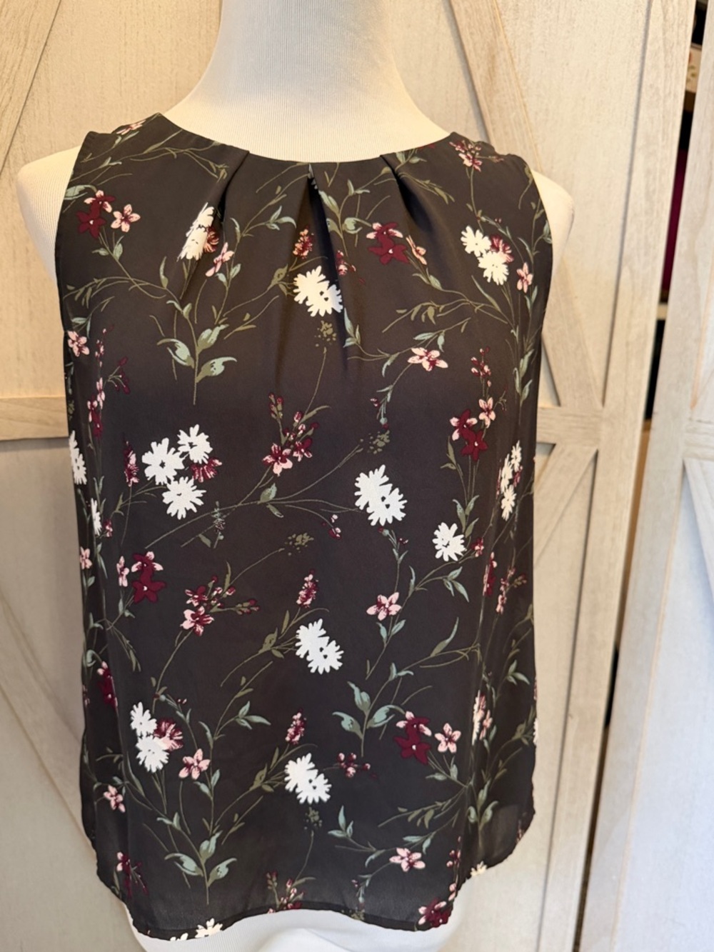 LOFT Black Floral Shell Top with White and Burgundy Accents